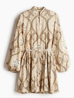 H&M Beige Patterned Tie-Waist Boho Dress